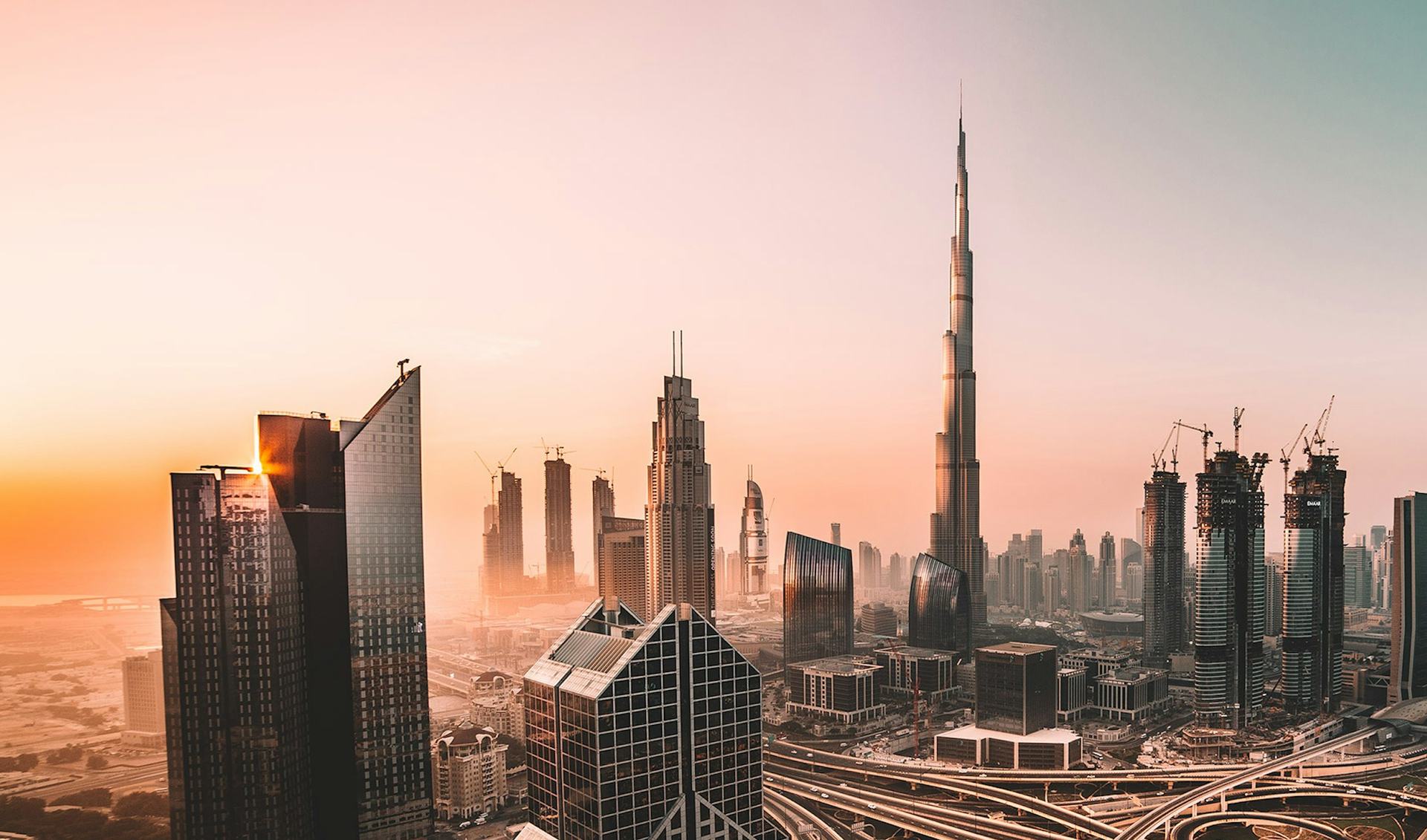 Dubai skyline with the Burj Khalifa at sunrise