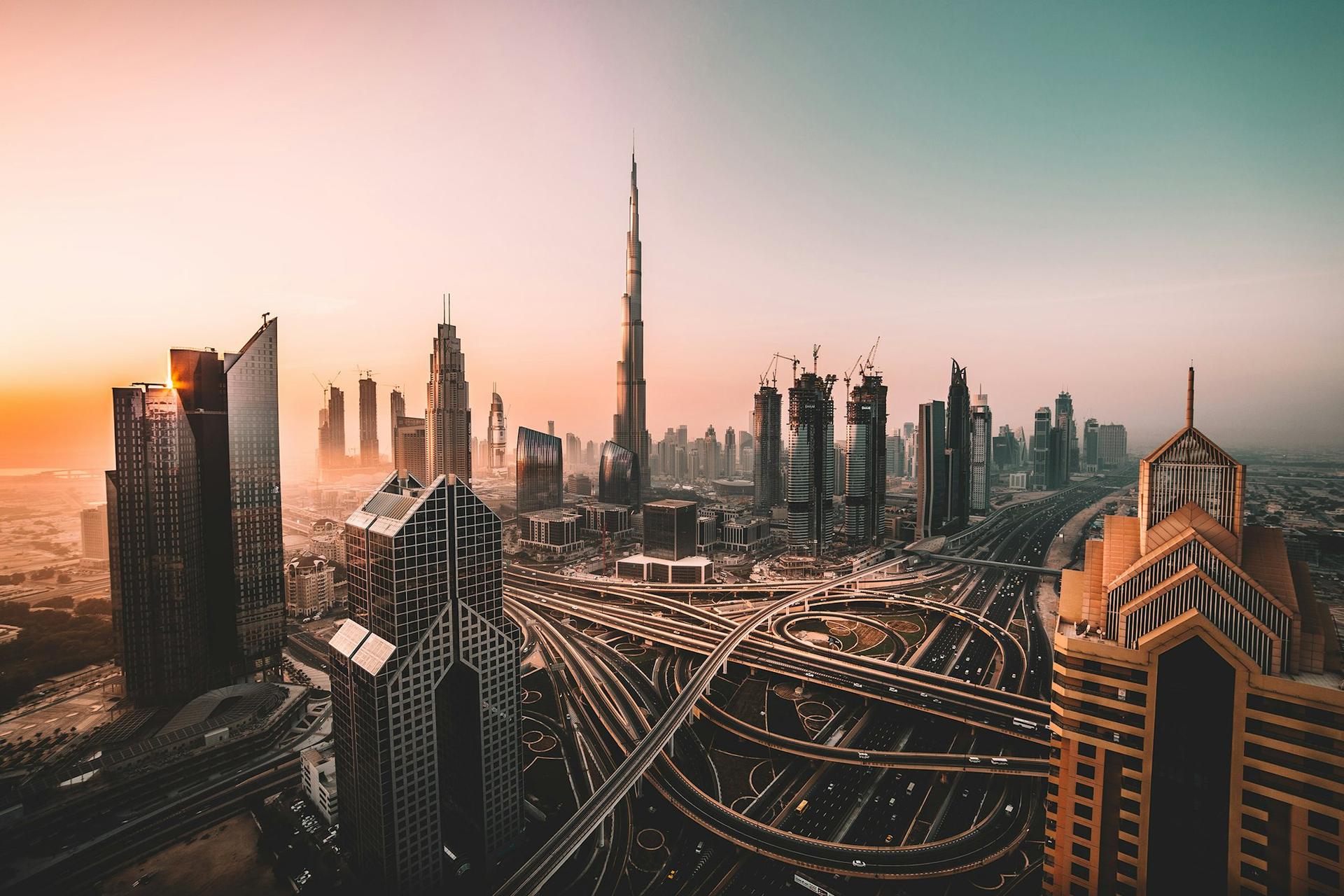 Dubai skyline and highways at golden hour