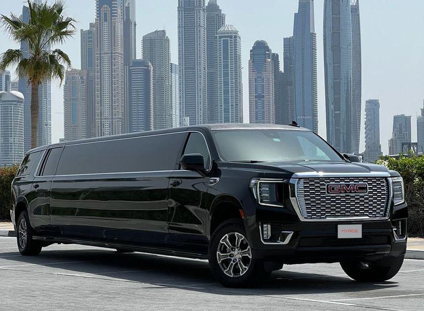 Black stretch SUV limousine in Dubai Marina